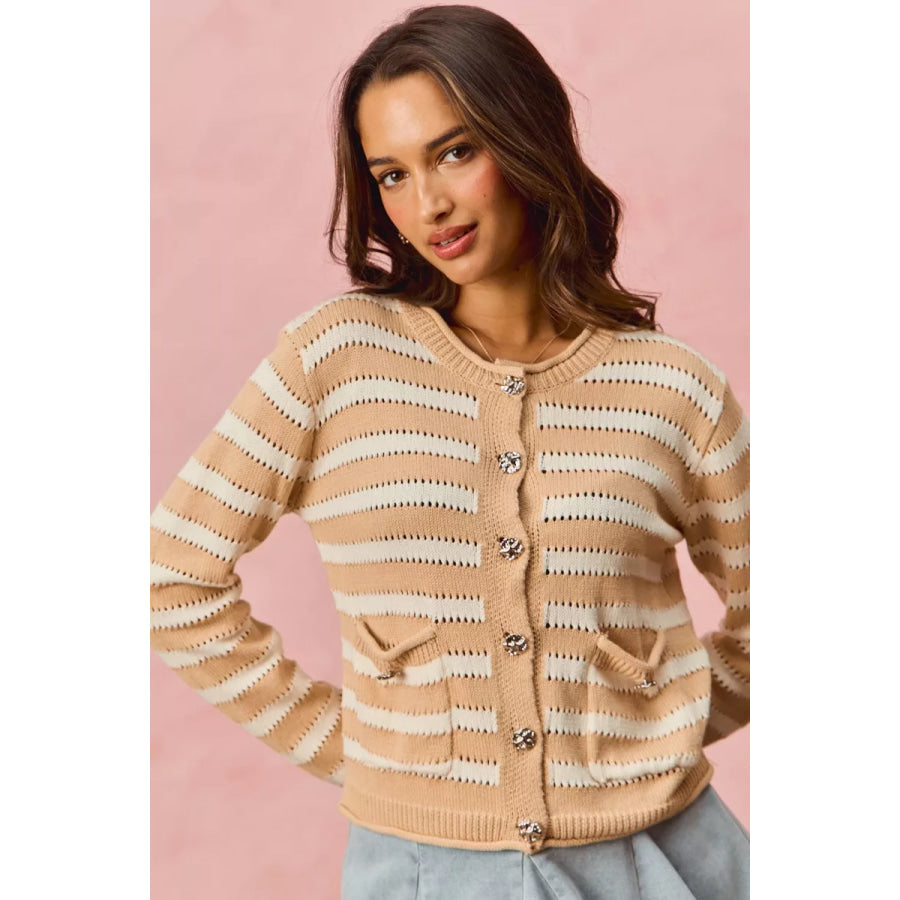SO ME Stripe Long Sleeves Button Sweater Cardigan Apparel and Accessories
