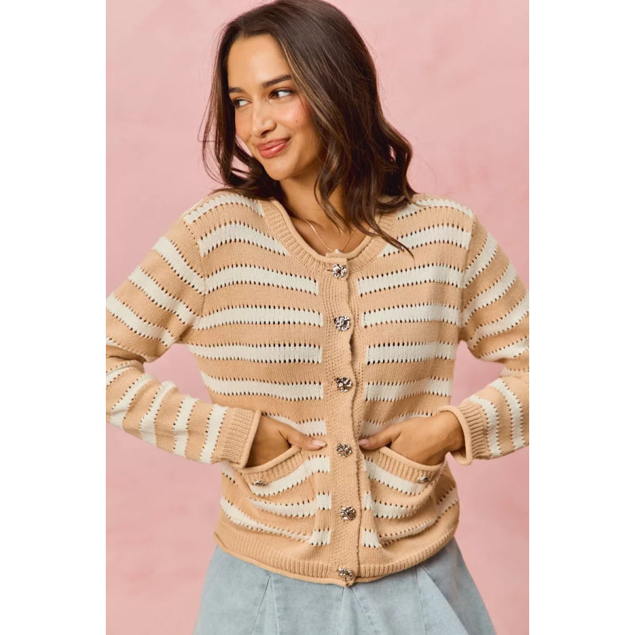 SO ME Stripe Long Sleeves Button Sweater Cardigan Apparel and Accessories