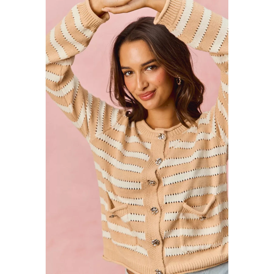 SO ME Stripe Long Sleeves Button Sweater Cardigan Apparel and Accessories