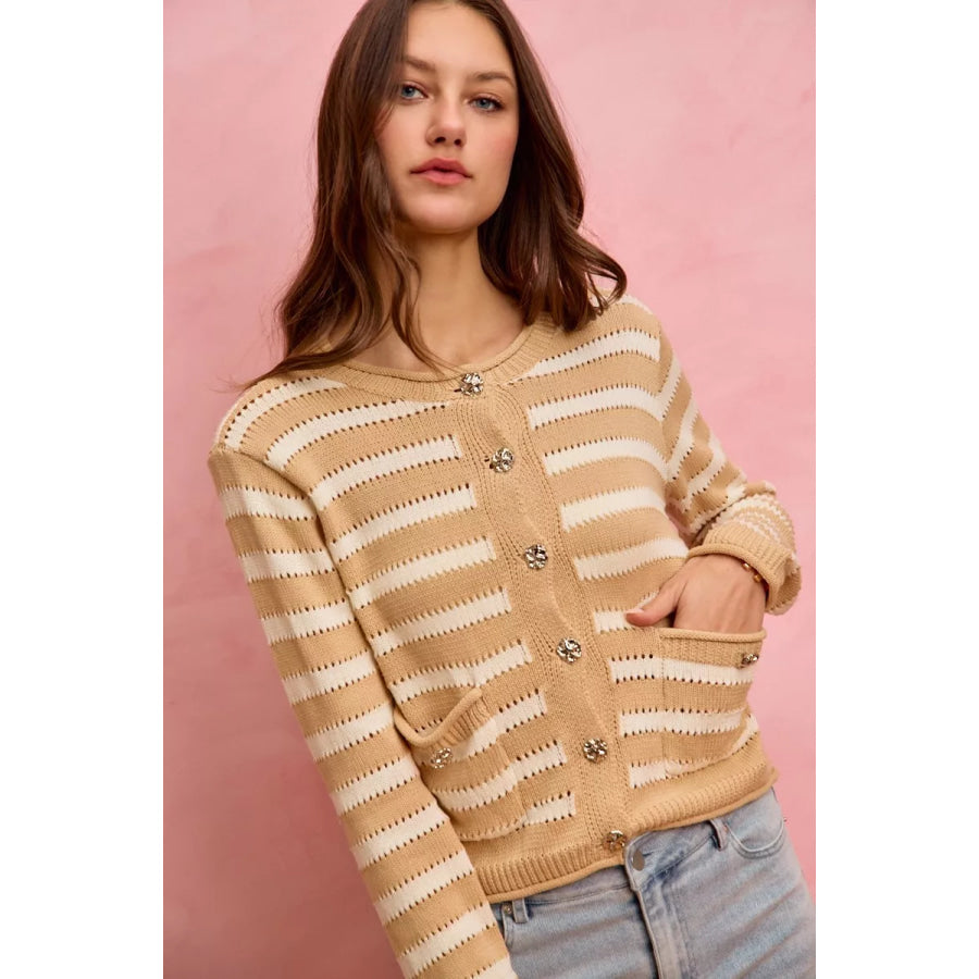 SO ME Stripe Long Sleeves Button Sweater Cardigan Apparel and Accessories