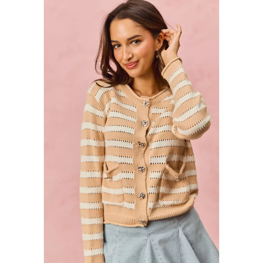 SO ME Stripe Long Sleeves Button Sweater Cardigan Apparel and Accessories
