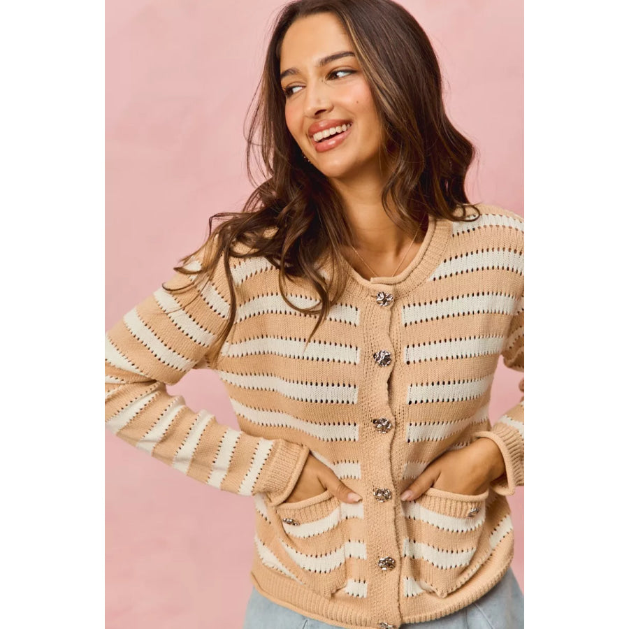 SO ME Stripe Long Sleeves Button Sweater Cardigan Apparel and Accessories