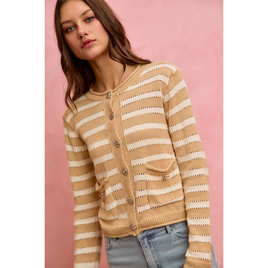 SO ME Stripe Long Sleeves Button Sweater Cardigan Apparel and Accessories
