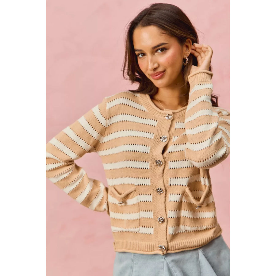 SO ME Stripe Long Sleeves Button Sweater Cardigan Apparel and Accessories