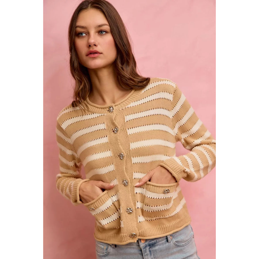 SO ME Stripe Long Sleeves Button Sweater Cardigan Apparel and Accessories