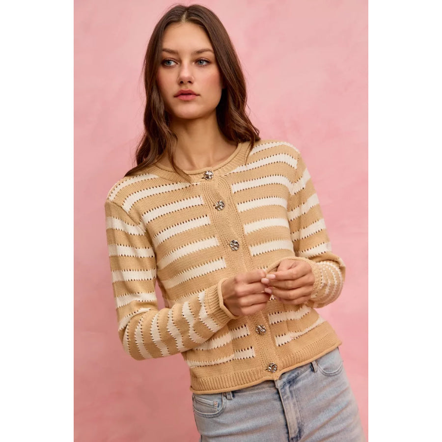 SO ME Stripe Long Sleeves Button Sweater Cardigan Apparel and Accessories