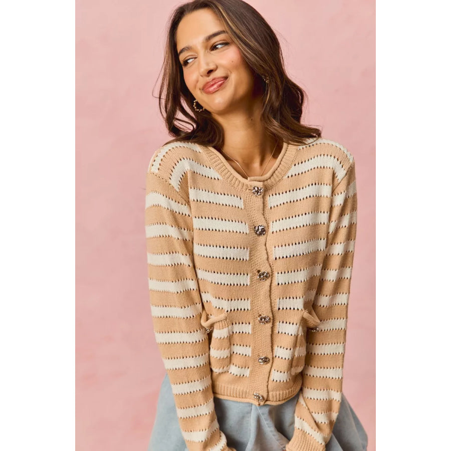 SO ME Stripe Long Sleeves Button Sweater Cardigan Apparel and Accessories