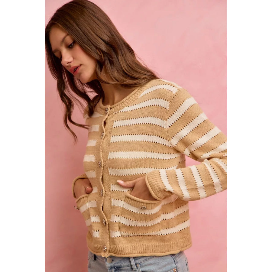 SO ME Stripe Long Sleeves Button Sweater Cardigan Apparel and Accessories