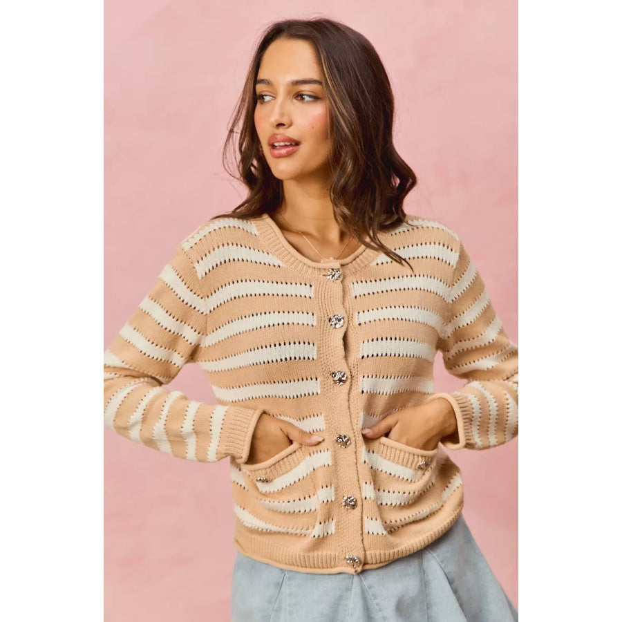 SO ME Stripe Long Sleeves Button Sweater Cardigan Apparel and Accessories