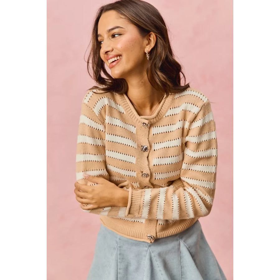 SO ME Stripe Long Sleeves Button Sweater Cardigan Apparel and Accessories