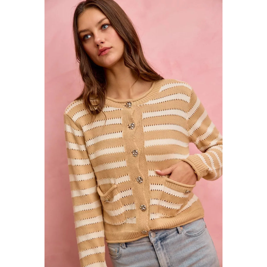 SO ME Stripe Long Sleeves Button Sweater Cardigan Apparel and Accessories