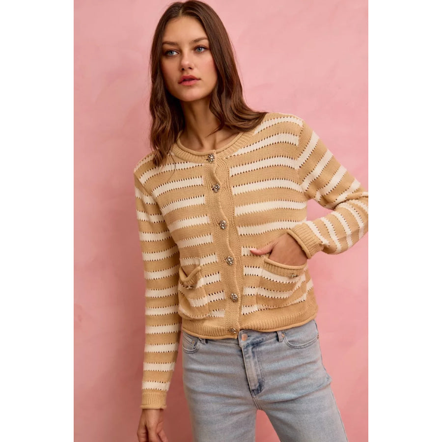 SO ME Stripe Long Sleeves Button Sweater Cardigan Apparel and Accessories