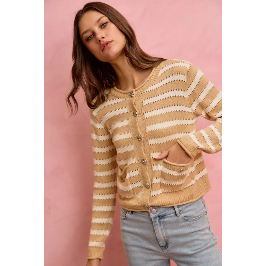 SO ME Stripe Long Sleeves Button Sweater Cardigan Apparel and Accessories