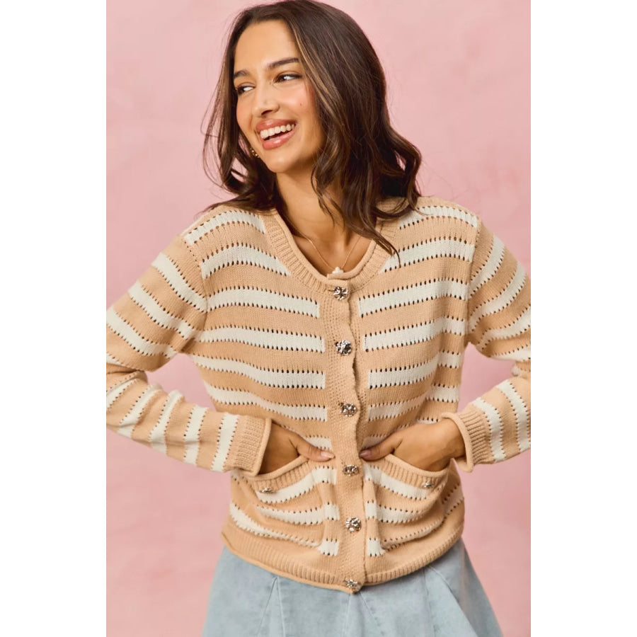 SO ME Stripe Long Sleeves Button Sweater Cardigan Apparel and Accessories