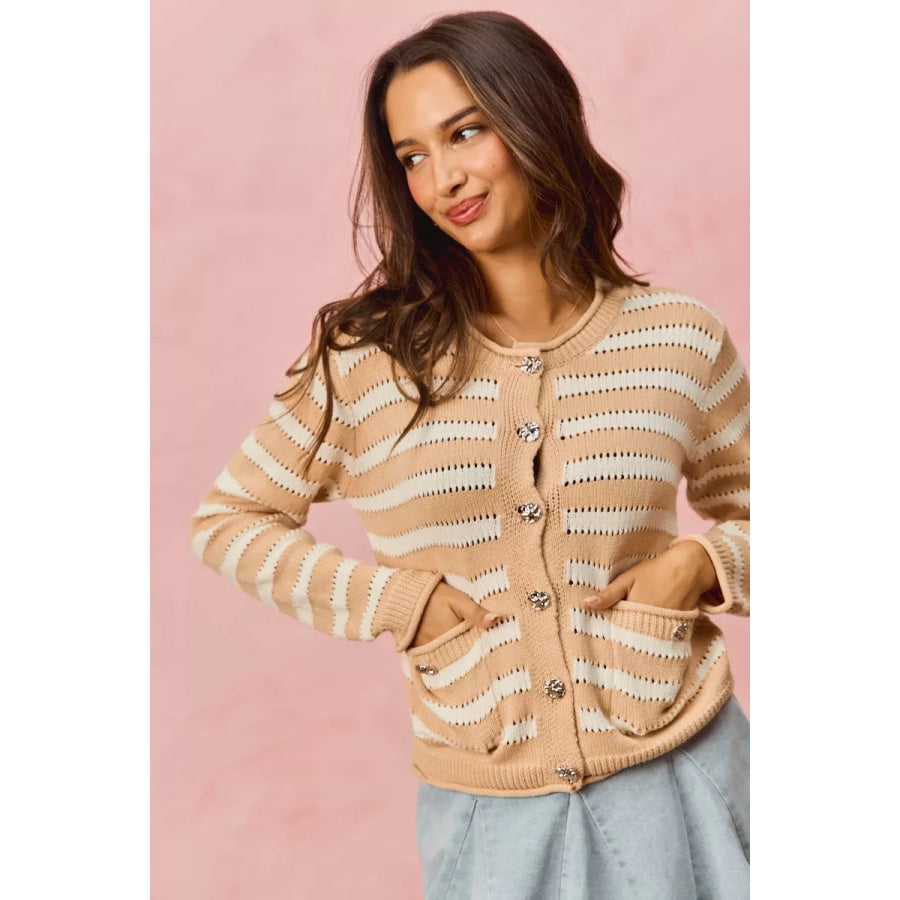 SO ME Stripe Long Sleeves Button Sweater Cardigan Apparel and Accessories