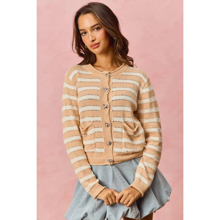 SO ME Stripe Long Sleeves Button Sweater Cardigan WHITE/BEIGE / S Apparel and Accessories