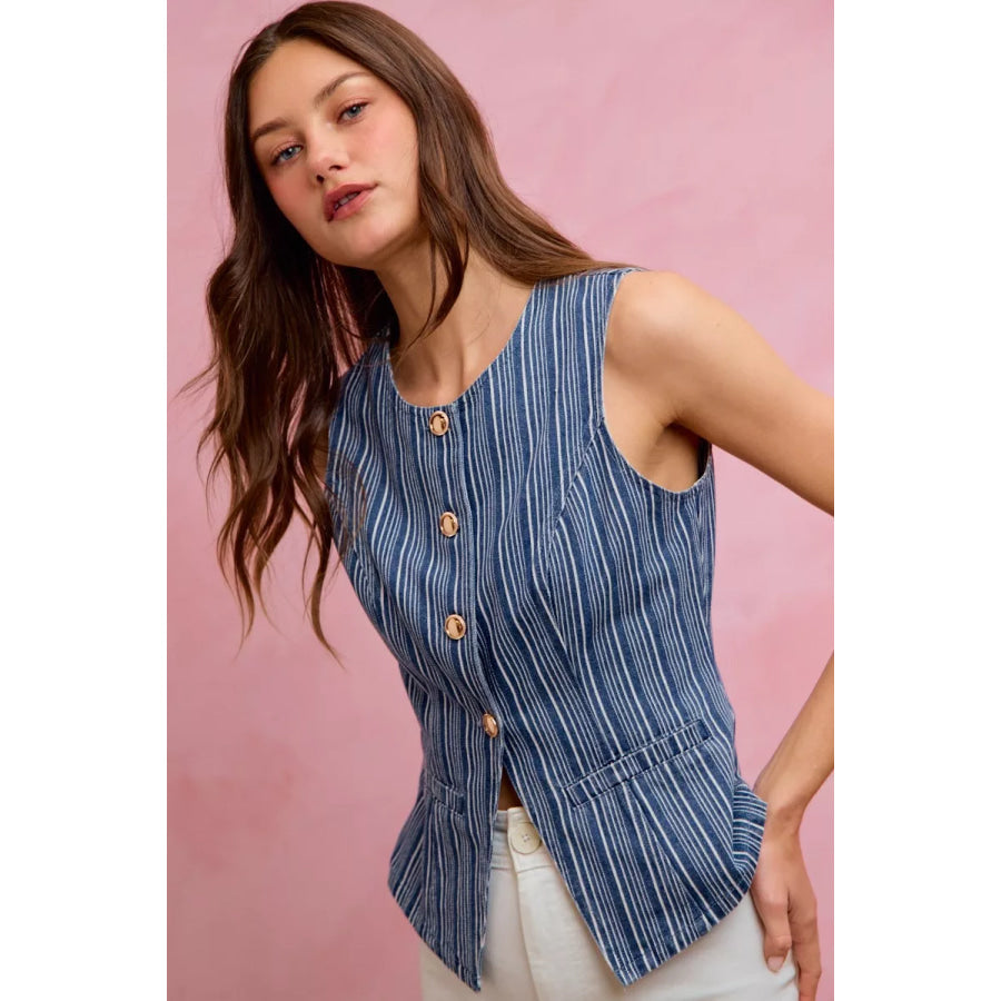 SO ME Stripe Slim Fit Button Front Denim Vest Top Apparel and Accessories