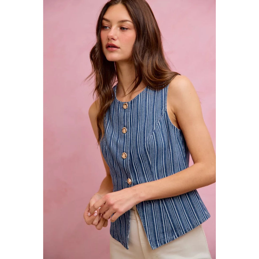 SO ME Stripe Slim Fit Button Front Denim Vest Top Apparel and Accessories