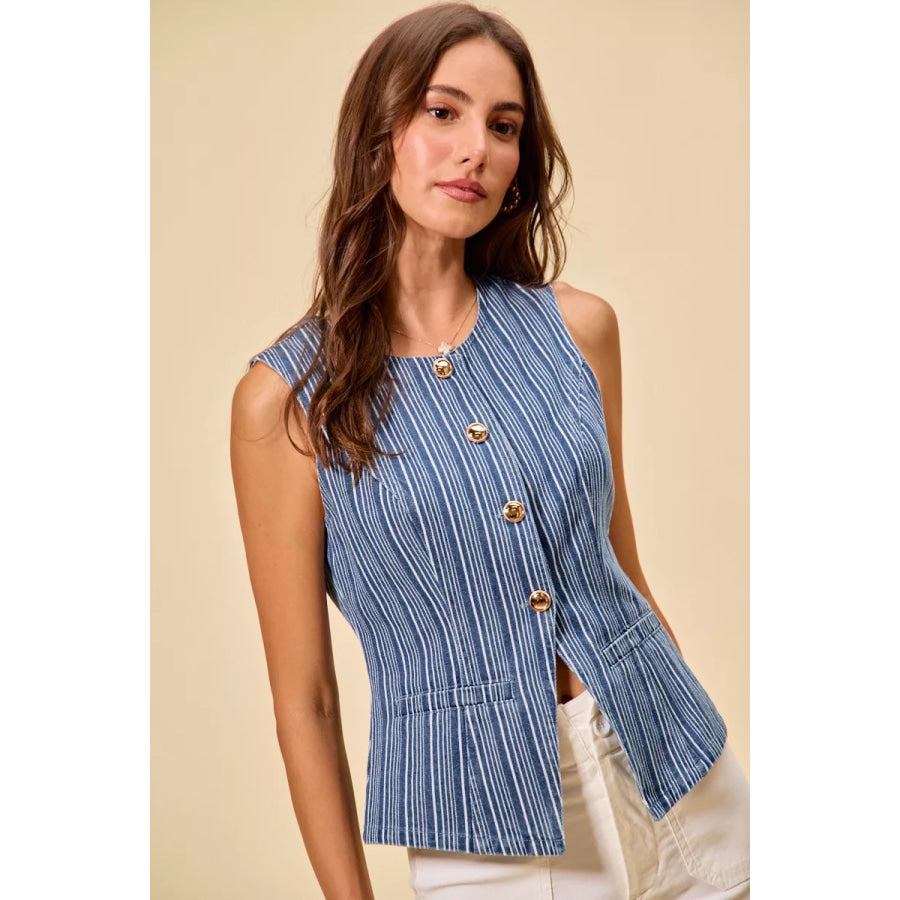 SO ME Stripe Slim Fit Button Front Denim Vest Top Apparel and Accessories
