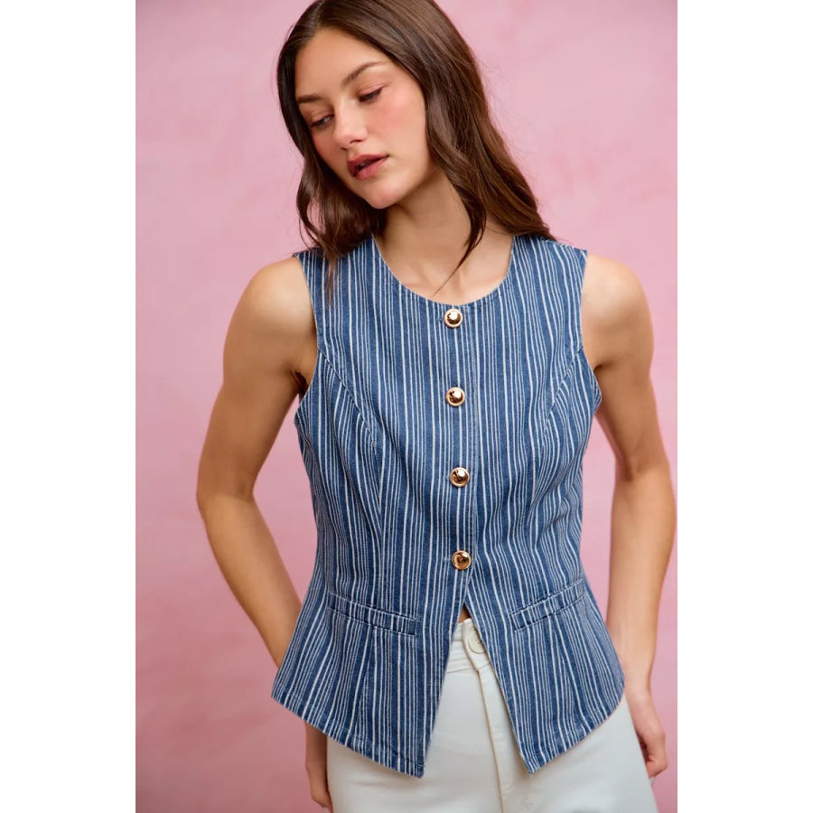 SO ME Stripe Slim Fit Button Front Denim Vest Top Apparel and Accessories