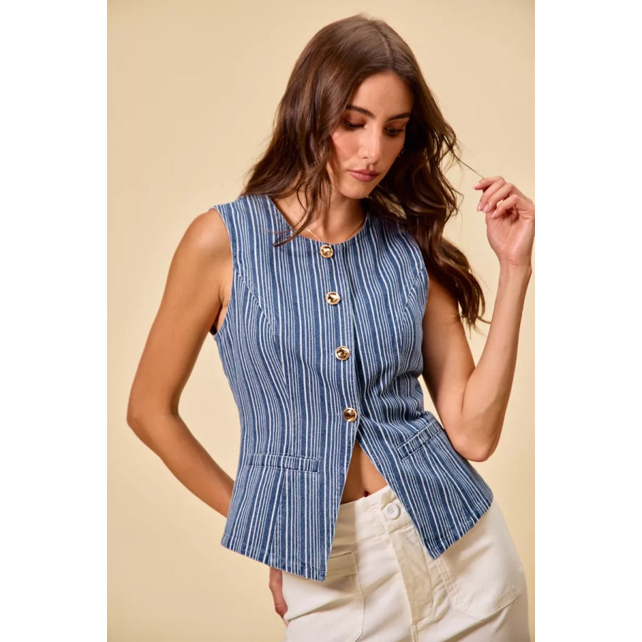 SO ME Stripe Slim Fit Button Front Denim Vest Top Apparel and Accessories