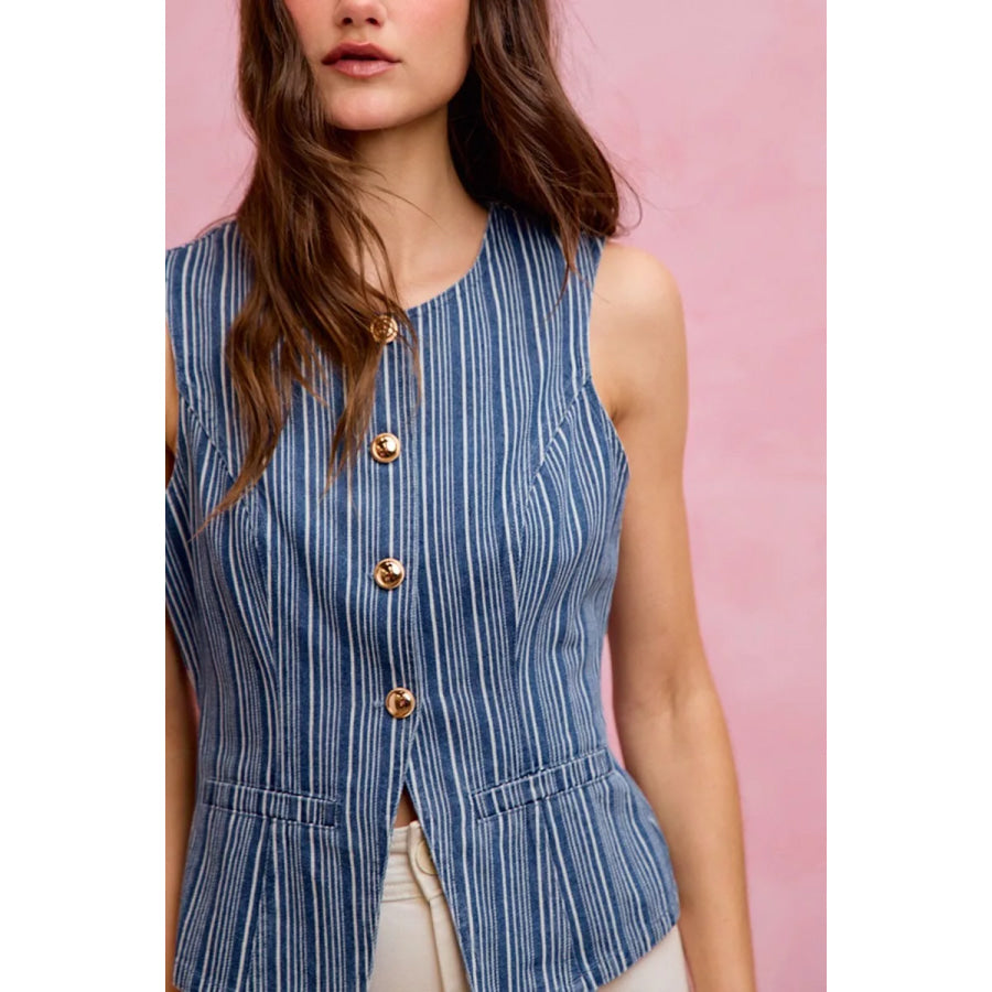 SO ME Stripe Slim Fit Button Front Denim Vest Top Apparel and Accessories