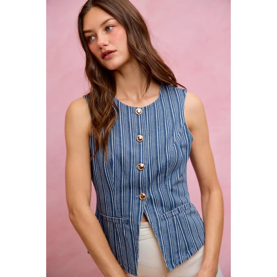 SO ME Stripe Slim Fit Button Front Denim Vest Top Apparel and Accessories