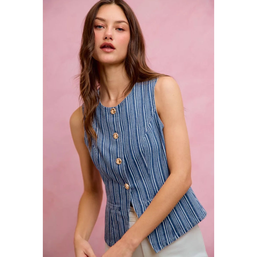SO ME Stripe Slim Fit Button Front Denim Vest Top Apparel and Accessories