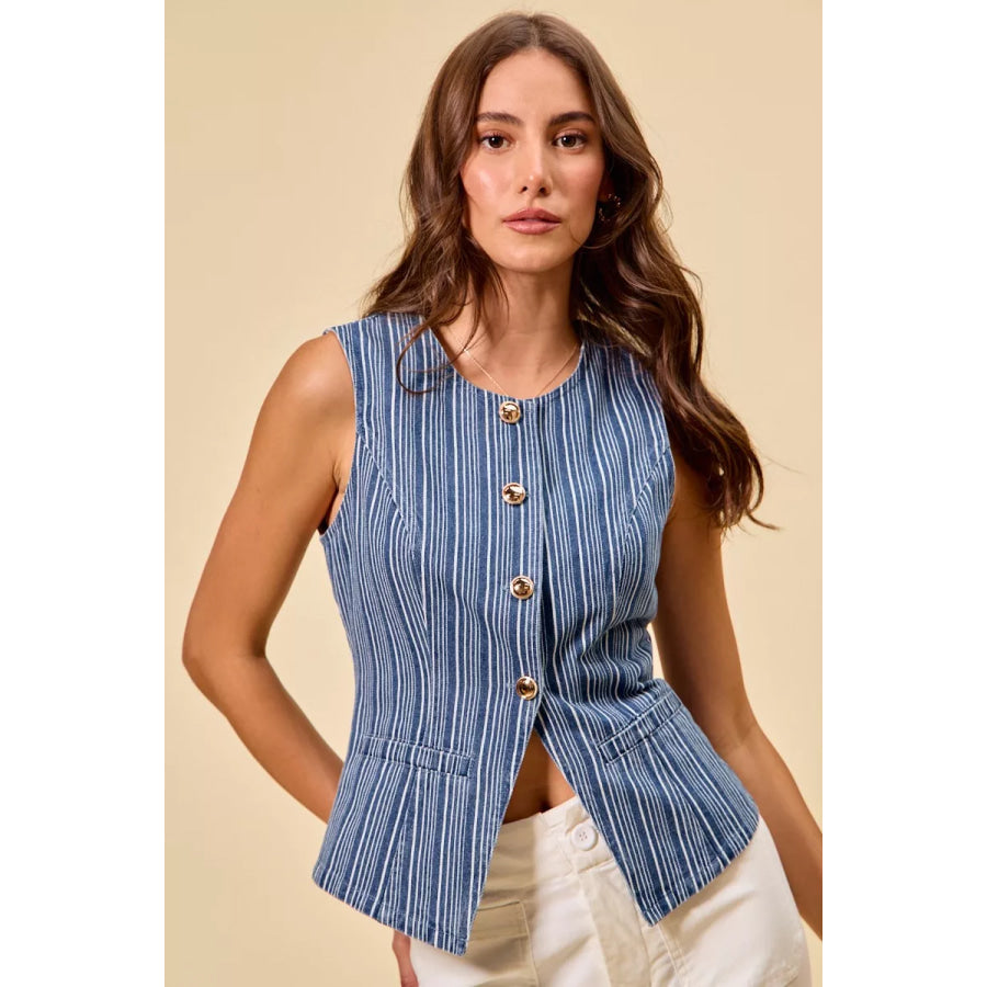 SO ME Stripe Slim Fit Button Front Denim Vest Top Apparel and Accessories