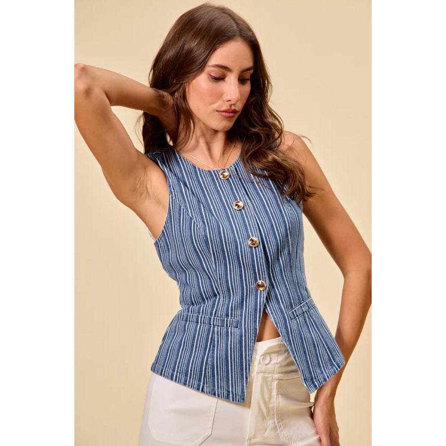 SO ME Stripe Slim Fit Button Front Denim Vest Top Apparel and Accessories