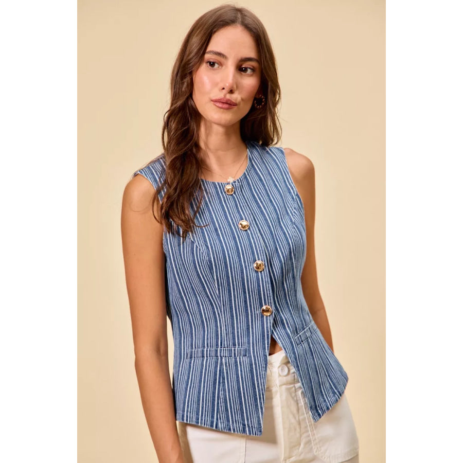 SO ME Stripe Slim Fit Button Front Denim Vest Top Apparel and Accessories