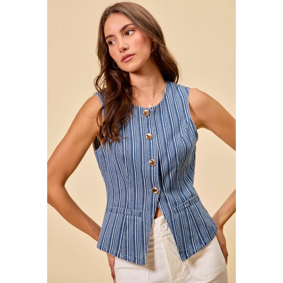 SO ME Stripe Slim Fit Button Front Denim Vest Top Apparel and Accessories