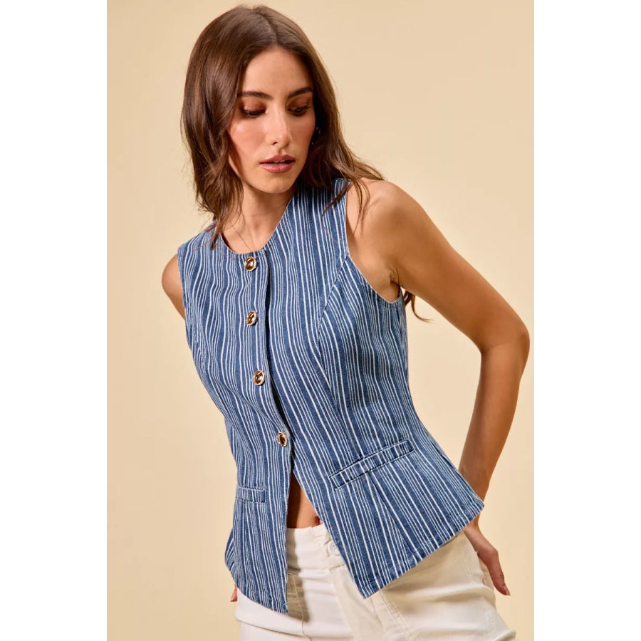 SO ME Stripe Slim Fit Button Front Denim Vest Top Apparel and Accessories