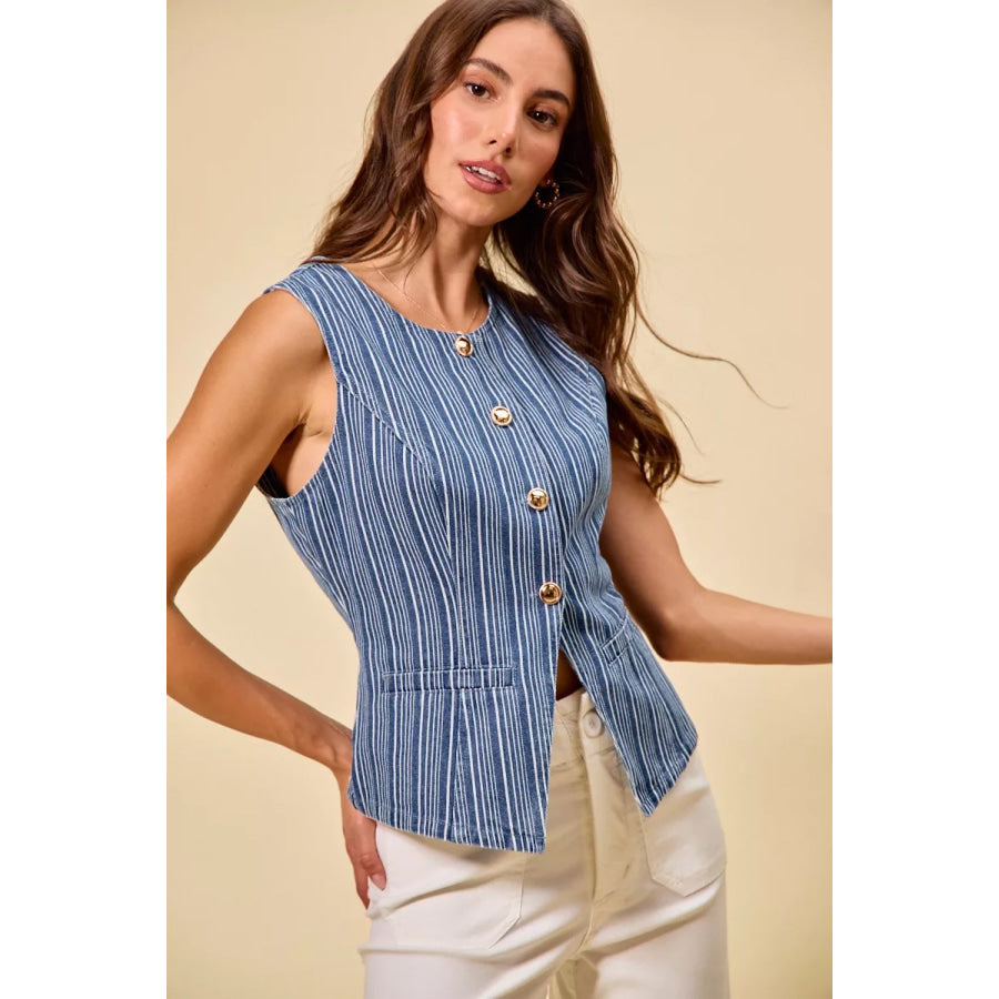 SO ME Stripe Slim Fit Button Front Denim Vest Top Apparel and Accessories