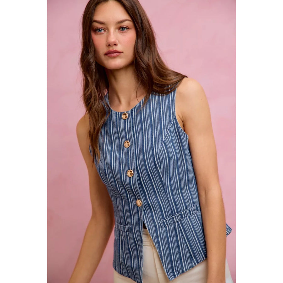 SO ME Stripe Slim Fit Button Front Denim Vest Top Apparel and Accessories