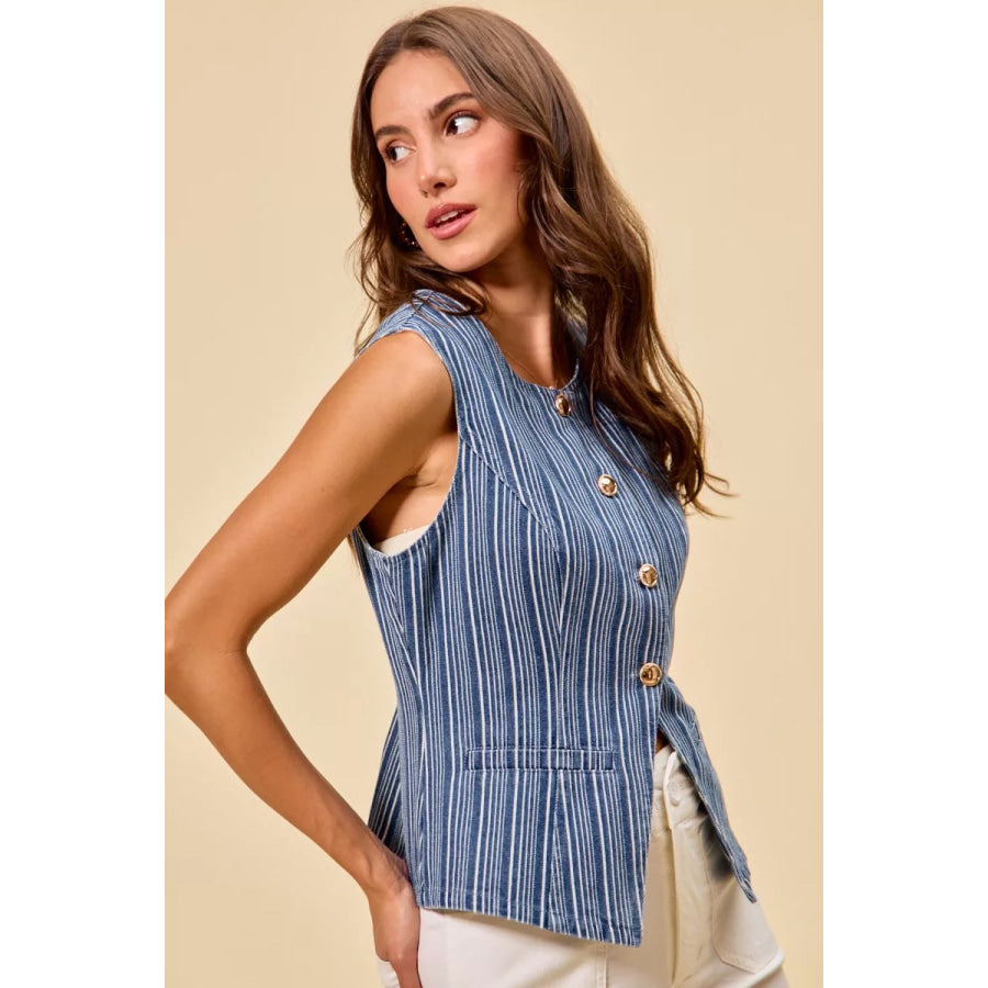 SO ME Stripe Slim Fit Button Front Denim Vest Top Apparel and Accessories