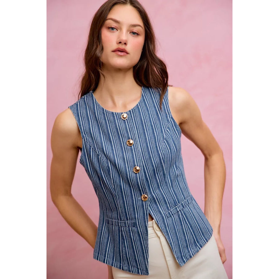 SO ME Stripe Slim Fit Button Front Denim Vest Top Apparel and Accessories