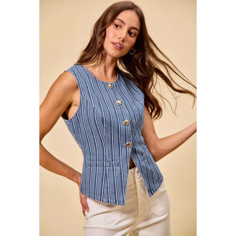 SO ME Stripe Slim Fit Button Front Denim Vest Top Apparel and Accessories