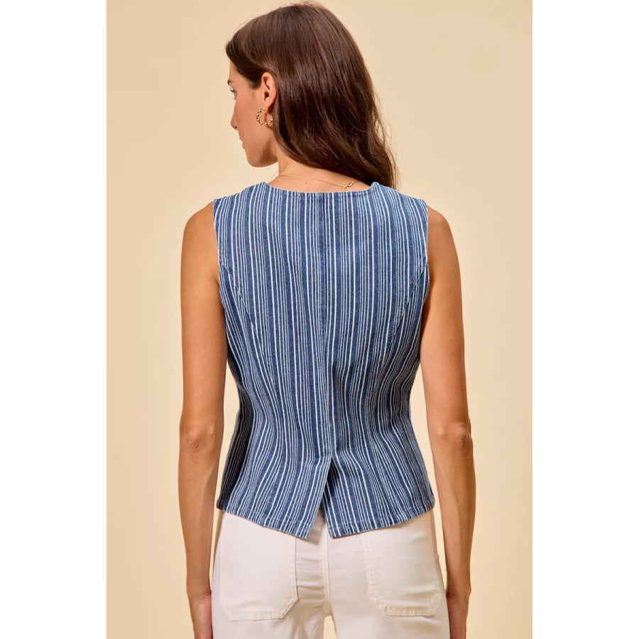 SO ME Stripe Slim Fit Button Front Denim Vest Top Apparel and Accessories