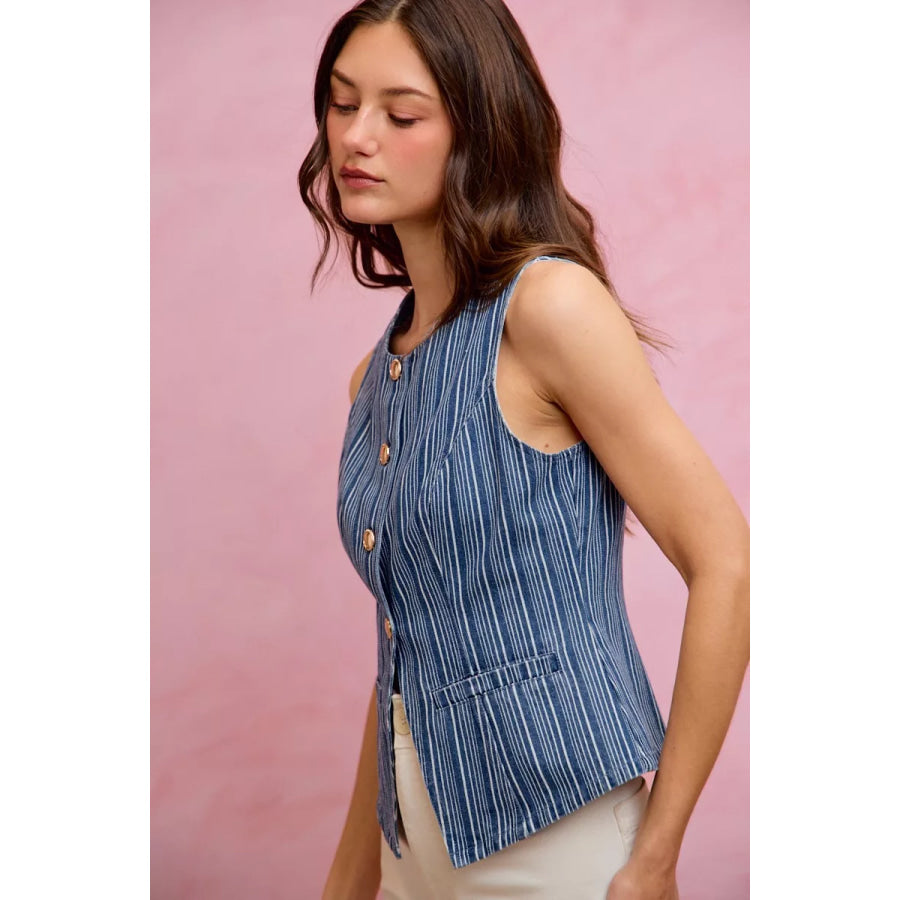 SO ME Stripe Slim Fit Button Front Denim Vest Top Apparel and Accessories