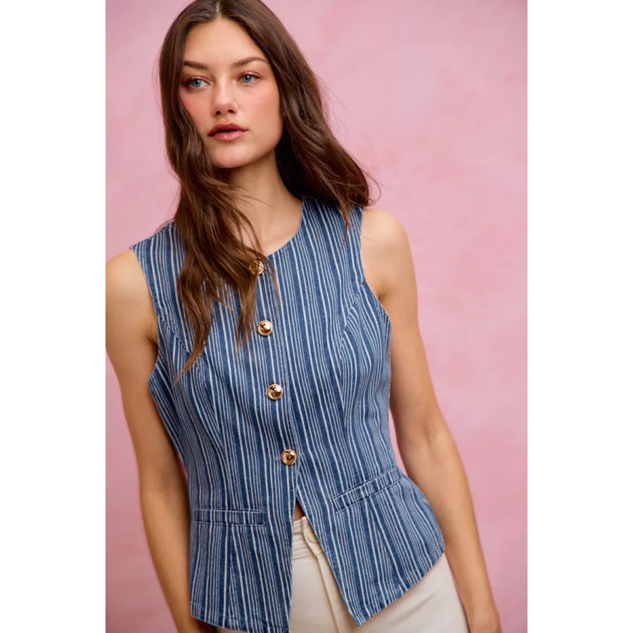 SO ME Stripe Slim Fit Button Front Denim Vest Top Apparel and Accessories