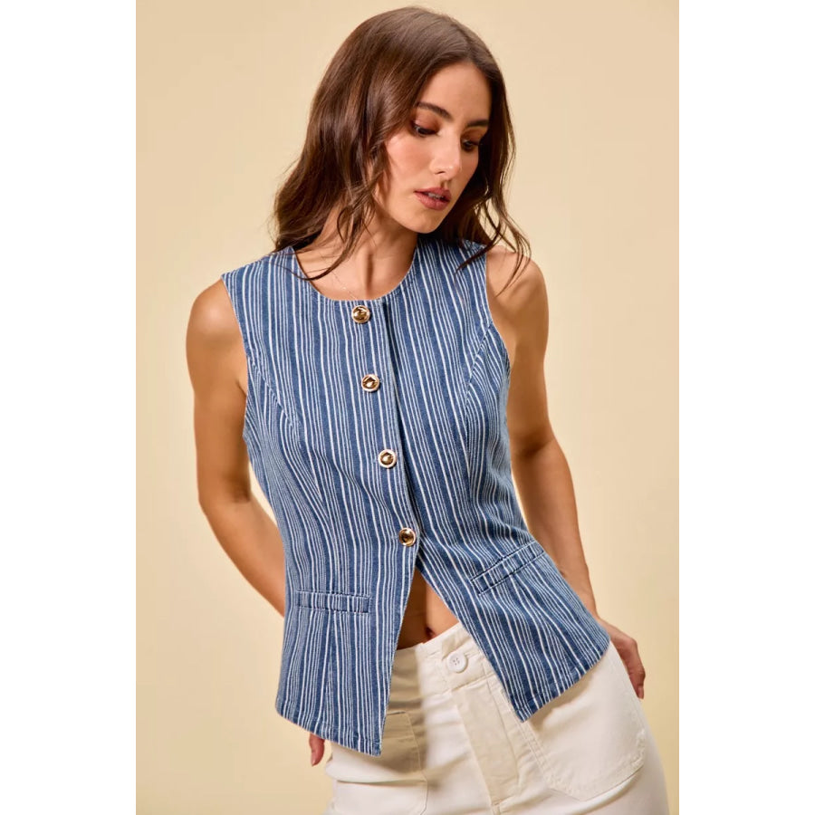 SO ME Stripe Slim Fit Button Front Denim Vest Top DENIM / S Apparel and Accessories