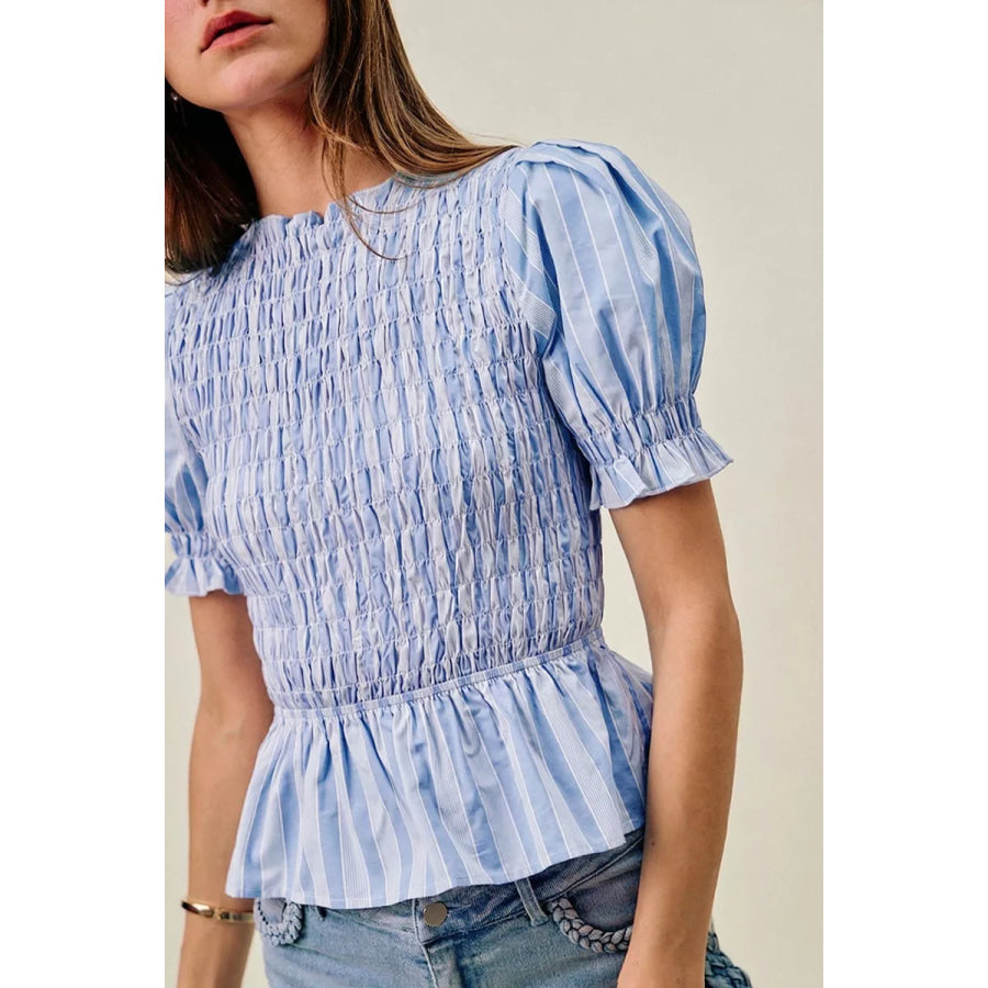 SO ME Stripe Smocked Bodice Puff Sleeves Blouse Top Apparel and Accessories