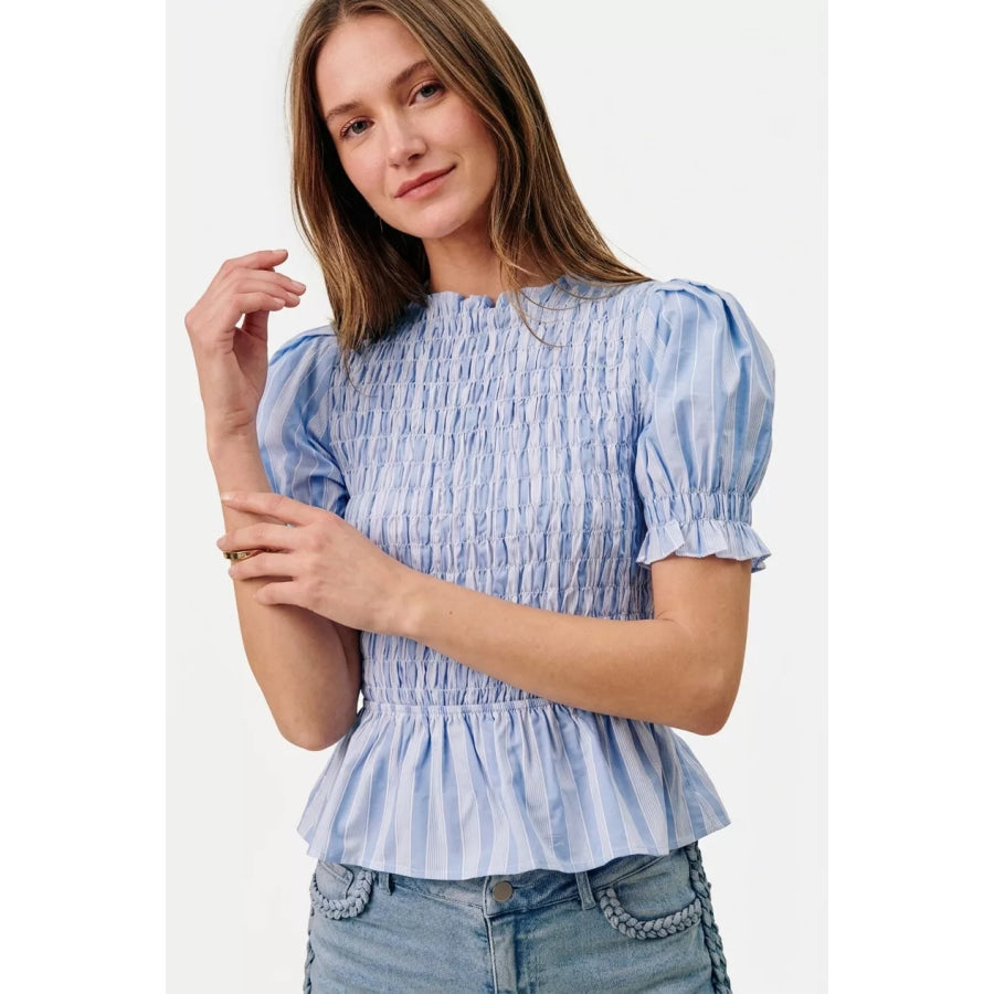 SO ME Stripe Smocked Bodice Puff Sleeves Blouse Top BLUE / S Apparel and Accessories