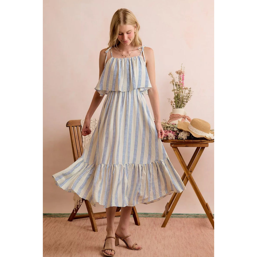 SO ME Stripe Tiered Shoulder Tie Midi Lined Dress Apparel and Accessories