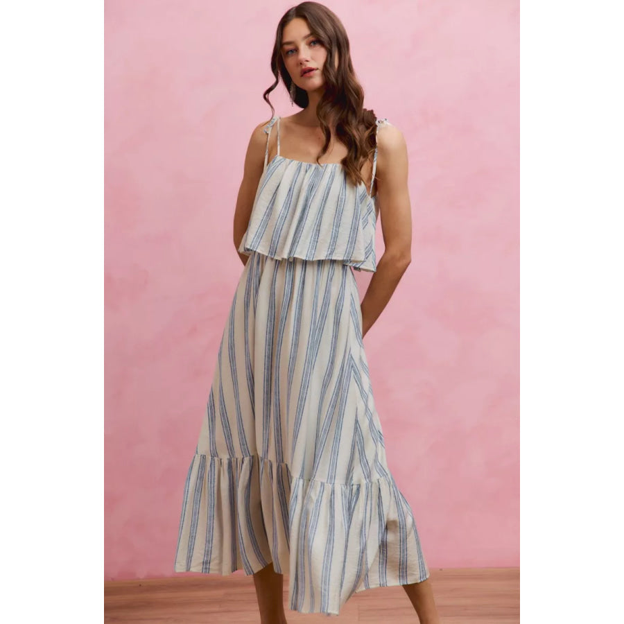 SO ME Stripe Tiered Shoulder Tie Midi Lined Dress Apparel and Accessories