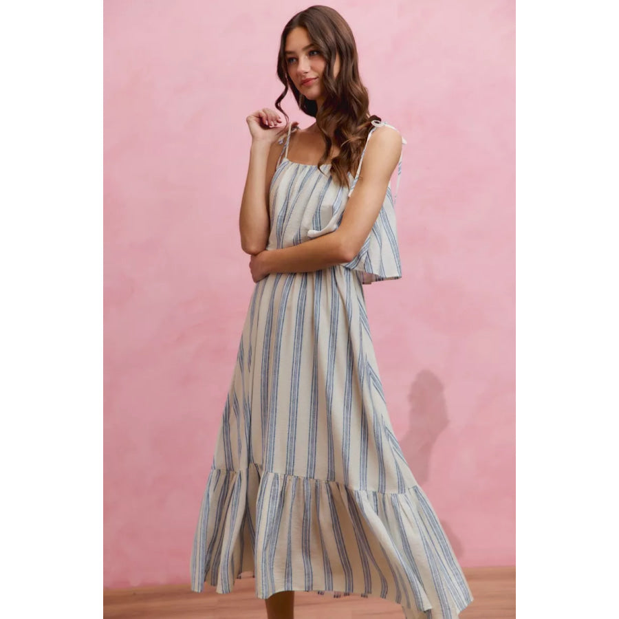 SO ME Stripe Tiered Shoulder Tie Midi Lined Dress Apparel and Accessories