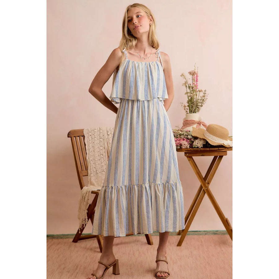 SO ME Stripe Tiered Shoulder Tie Midi Lined Dress Apparel and Accessories