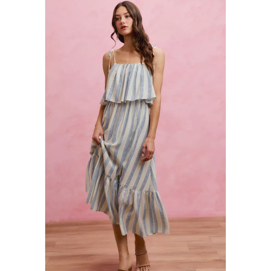 SO ME Stripe Tiered Shoulder Tie Midi Lined Dress Apparel and Accessories