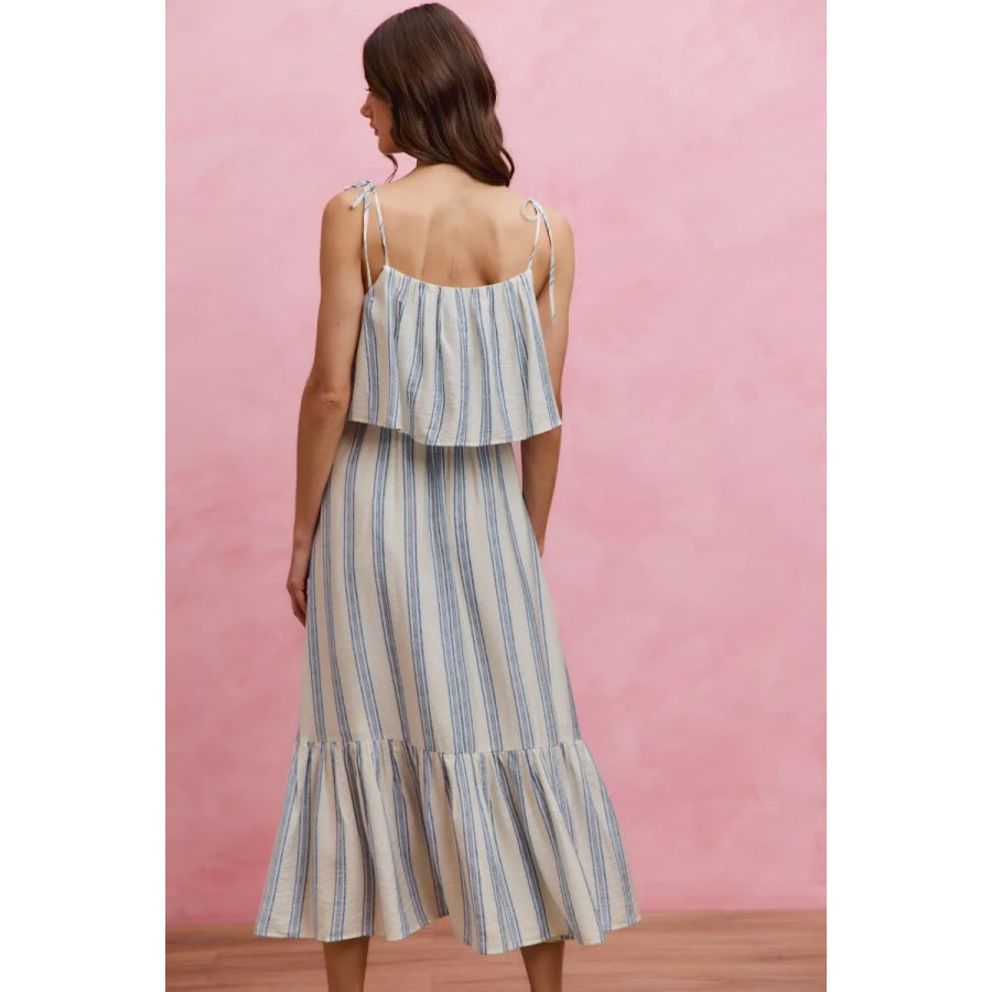 SO ME Stripe Tiered Shoulder Tie Midi Lined Dress Apparel and Accessories